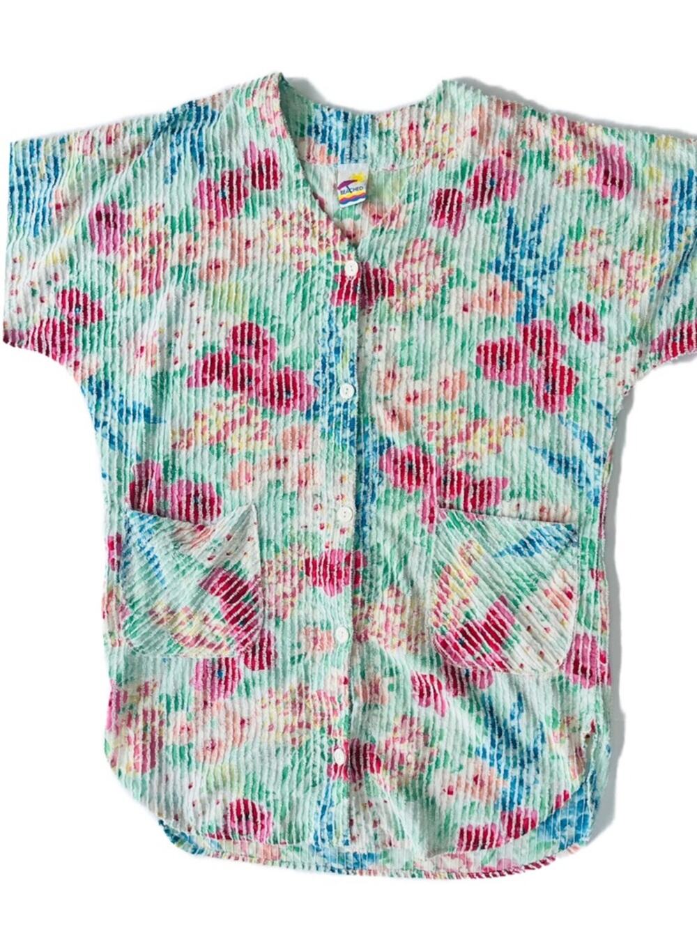 Vintage 90s Floral Beach Coverup Dress Bright Multi-Color Smocked Top Stripes